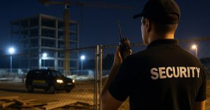 Landscape photo of a uniformed security guard standing under floodlights at night, watching over a fenced construction site with equipment and materials visible in the background.