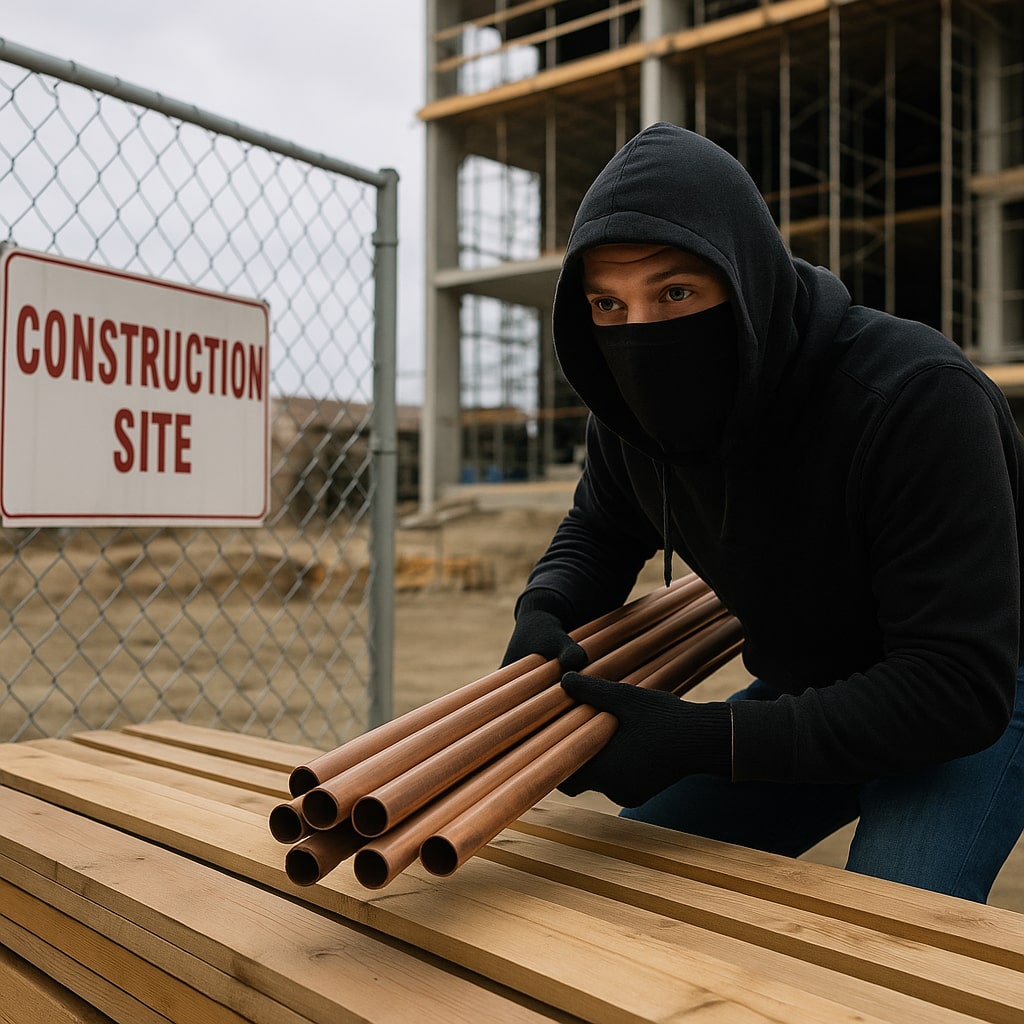 photo of a construction site with a masked thief in dark clothing carrying stolen materials near a fenced-off area under security lights.