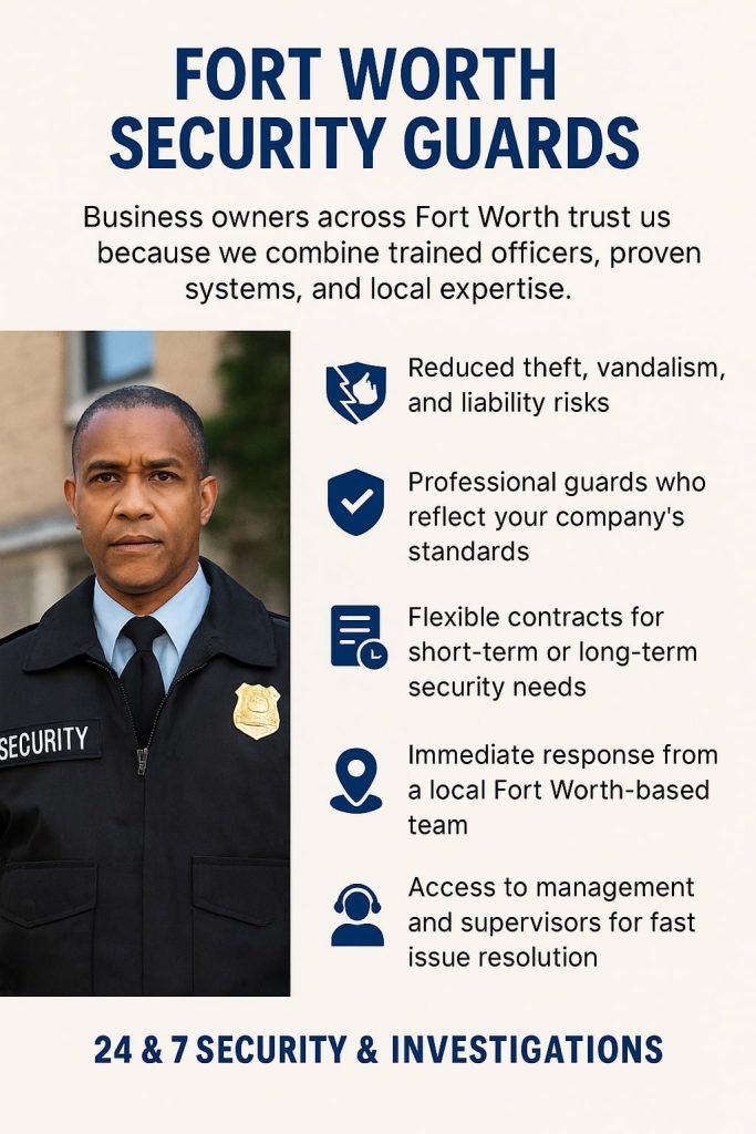 Graphic for 24 & 7 Security & Investigations showing a uniformed security guard and a list of benefits: reduced theft, vandalism, and liability risks; professional guards reflecting company standards; flexible contracts for short or long-term security; immediate response from a local Fort Worth-based team; and access to management and supervisors for fast issue resolution.