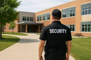 Landscape photo of a uniformed security guard patrolling a modern school campus during the day, standing on a walkway facing the main building surrounded by trees and open space.