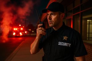 Landscape image of a uniformed security guard outside a commercial building in Houston at night, using a radio to report a fire emergency as red emergency lights illuminate smoke in the background.