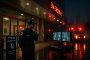 Landscape photo of a uniformed security guard at a Houston hospital entrance at night, using a radio and watching surveillance monitors as emergency lights reflect on wet pavement.