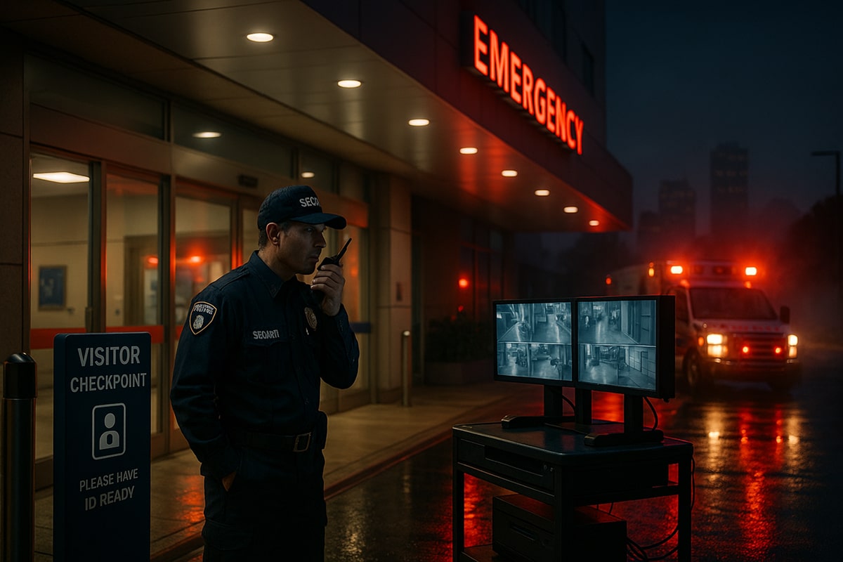 Landscape photo of a uniformed security guard at a Houston hospital entrance at night, using a radio and watching surveillance monitors as emergency lights reflect on wet pavement.