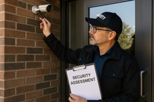 Daytime photo of a professional security consultant inspecting a mounted surveillance camera outside a modern business building, holding a clipboard labeled ‘Security Assessment.’