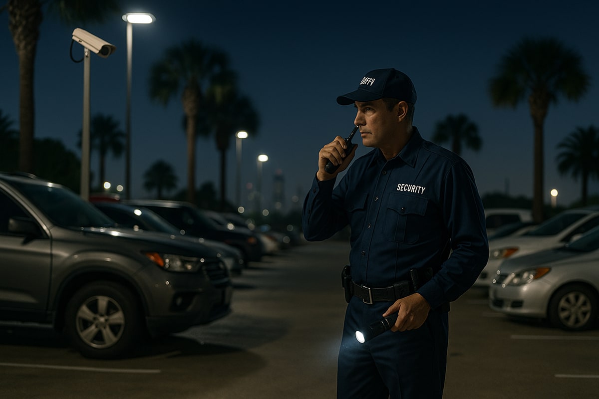 Landscape photo of a uniformed security guard patrolling a well-lit Houston parking lot at night, holding a flashlight near parked vehicles with a visible surveillance camera overhead.