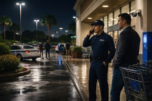 Nighttime scene outside a Houston retail store showing a uniformed security guard using a radio and a plainclothes loss prevention officer monitoring shoppers near the entrance and parking lot.