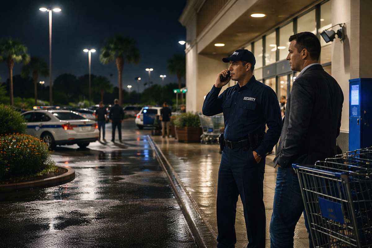 Nighttime scene outside a Houston retail store showing a uniformed security guard using a radio and a plainclothes loss prevention officer monitoring shoppers near the entrance and parking lot.