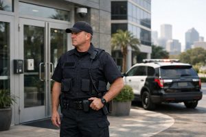 Armed security guard standing outside a Houston commercial building, monitoring the entrance and surrounding area.