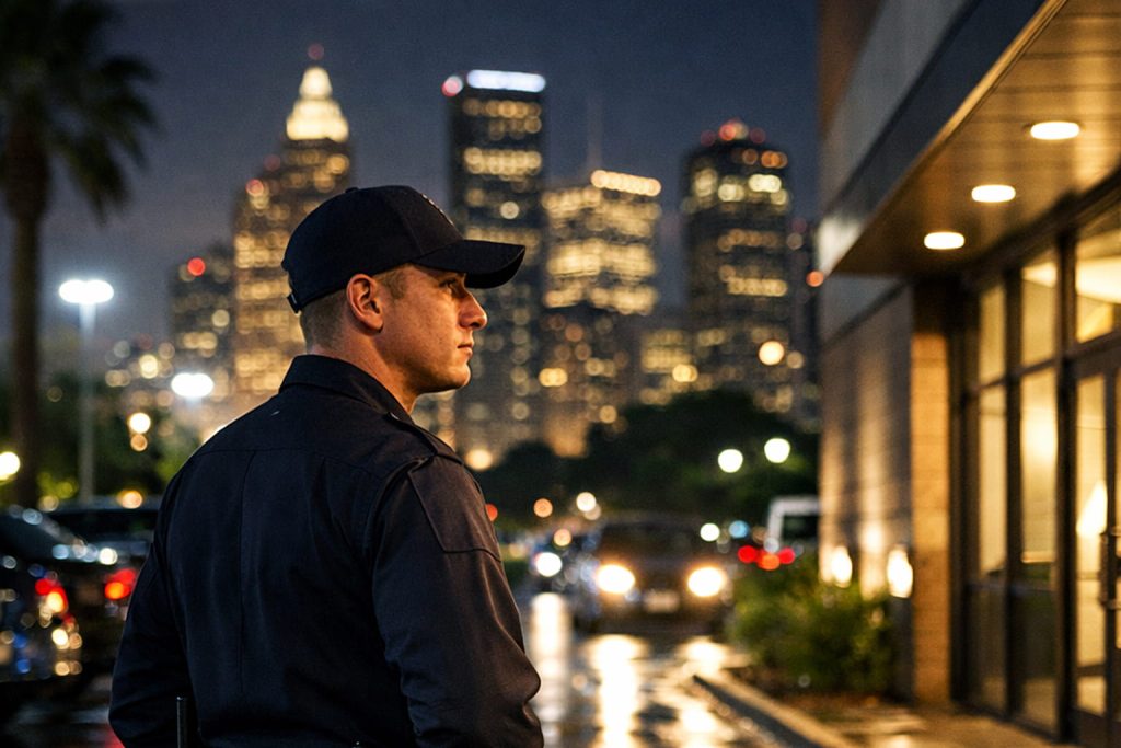 Armed security guard standing outside a Houston business at night, monitoring the entrance and surrounding area to protect property and people.