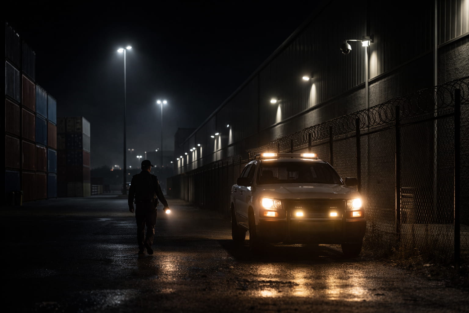 Security officer conducting nighttime patrol outside a warehouse with perimeter lighting and surveillance cameras - after hours security risks 