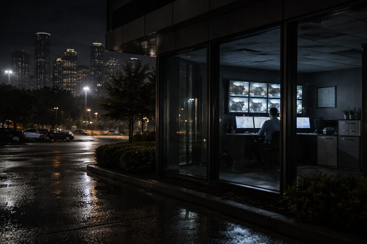 Security guard monitoring surveillance cameras inside an office building at night - night crime prevention 