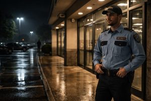 Security guard monitoring a closed retail store at night with bright lighting and empty parking lot - night security risks