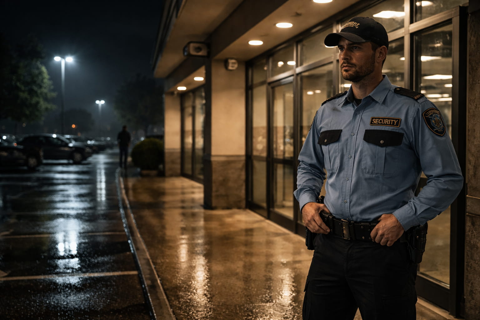 Security guard monitoring a closed retail store at night with bright lighting and empty parking lot - night security risks