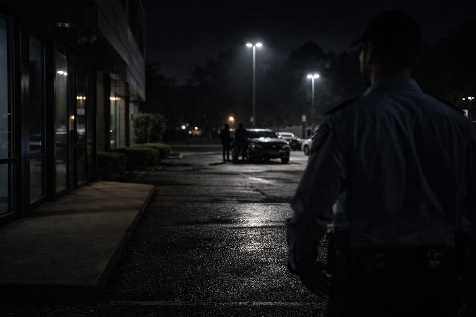Security guard watching a dimly lit parking lot at night with suspicious activity in the background - overnight security importance 